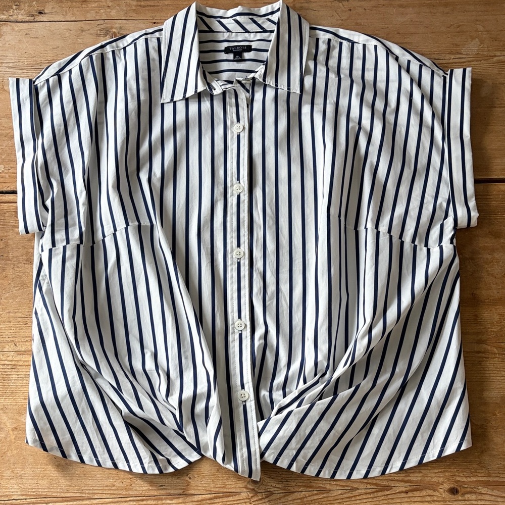 Talbots Navy and White Striped Gathered Front Oversized Relaxed Blouse Plus Size